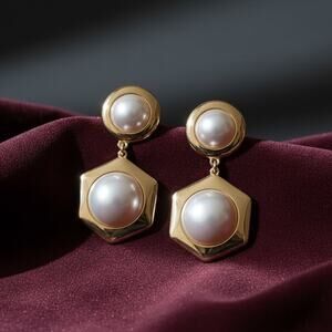 INC Gold Tone Hexagon Faux Pearl Drop Earrings Statement Dangle